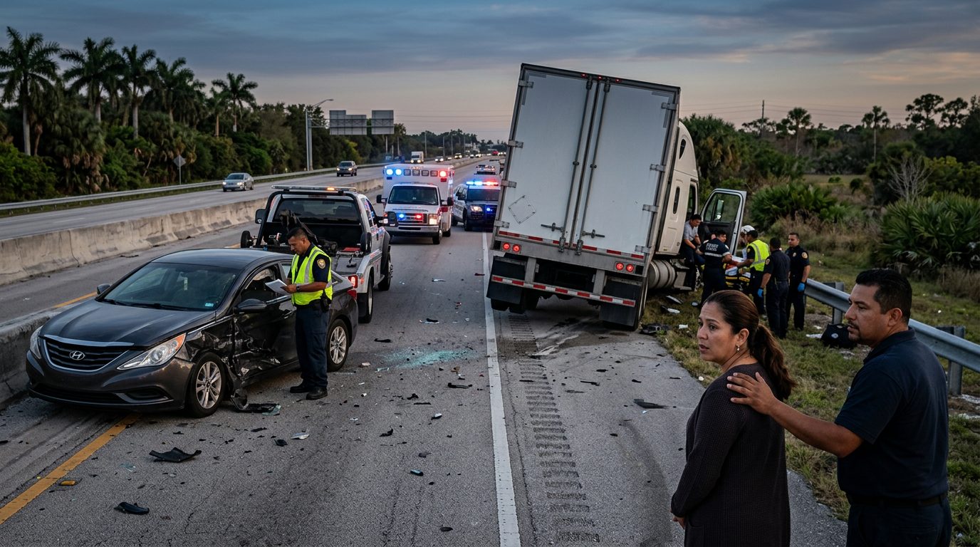 Camión comercial colisionado en carretera al atardecer con personas cerca del lugar.