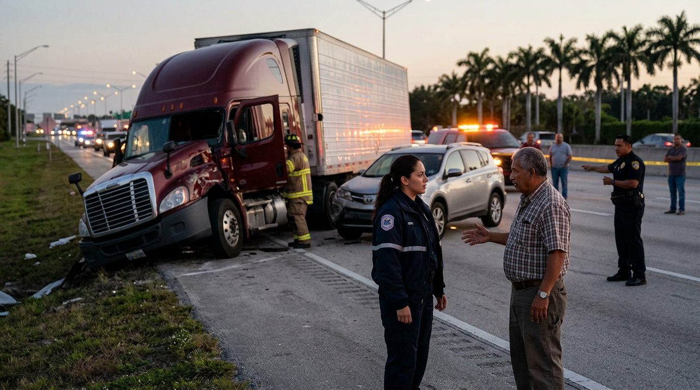 Camión comercial colisionado en carretera al atardecer con personas cerca del lugar.