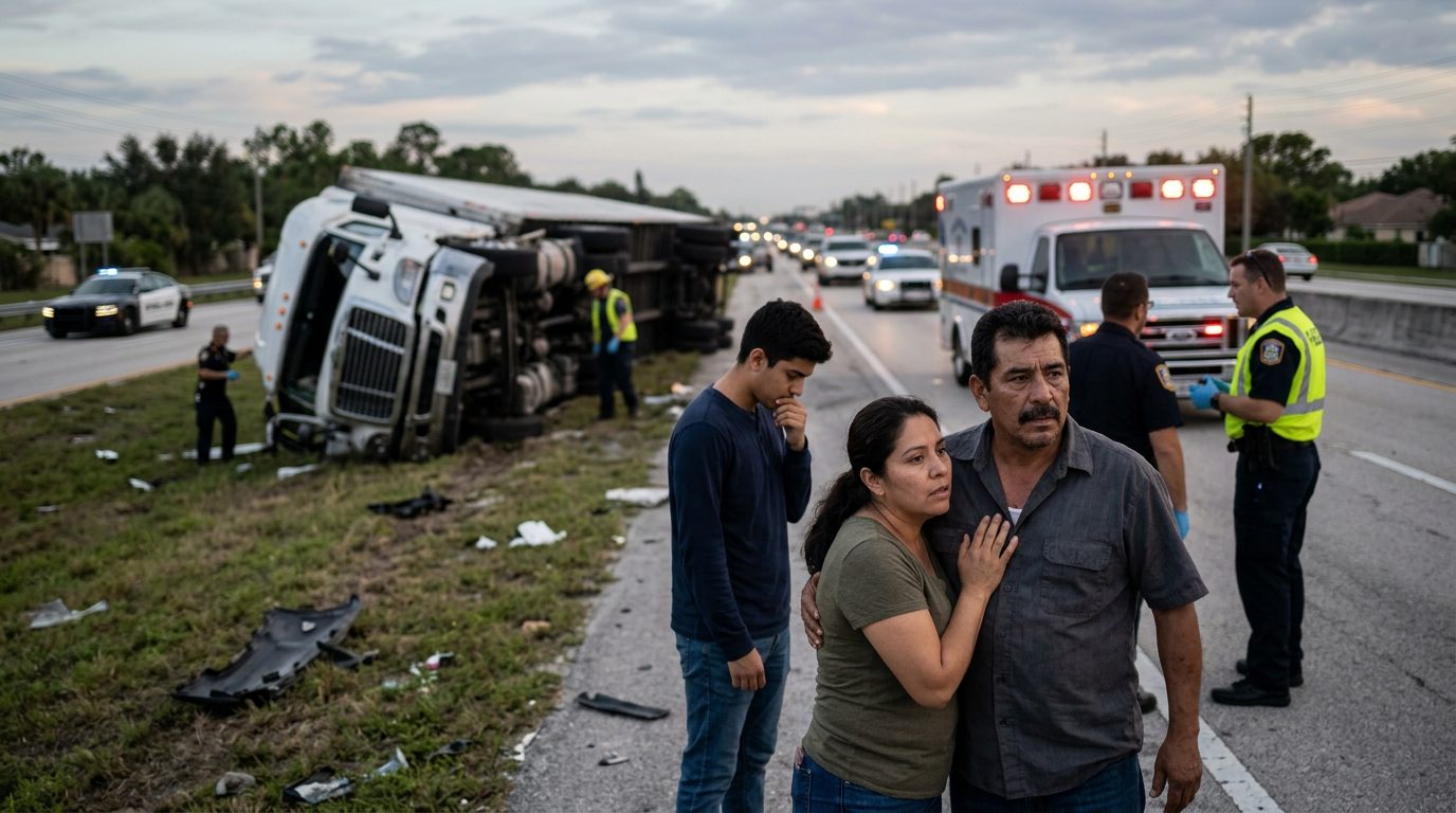 Camión comercial colisionado en carretera al atardecer con personas alrededor del lugar del accidente.