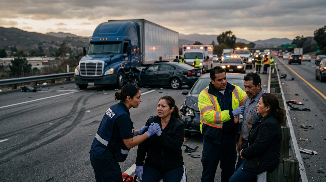 Camión comercial colisionado en carretera al atardecer con personas alrededor.