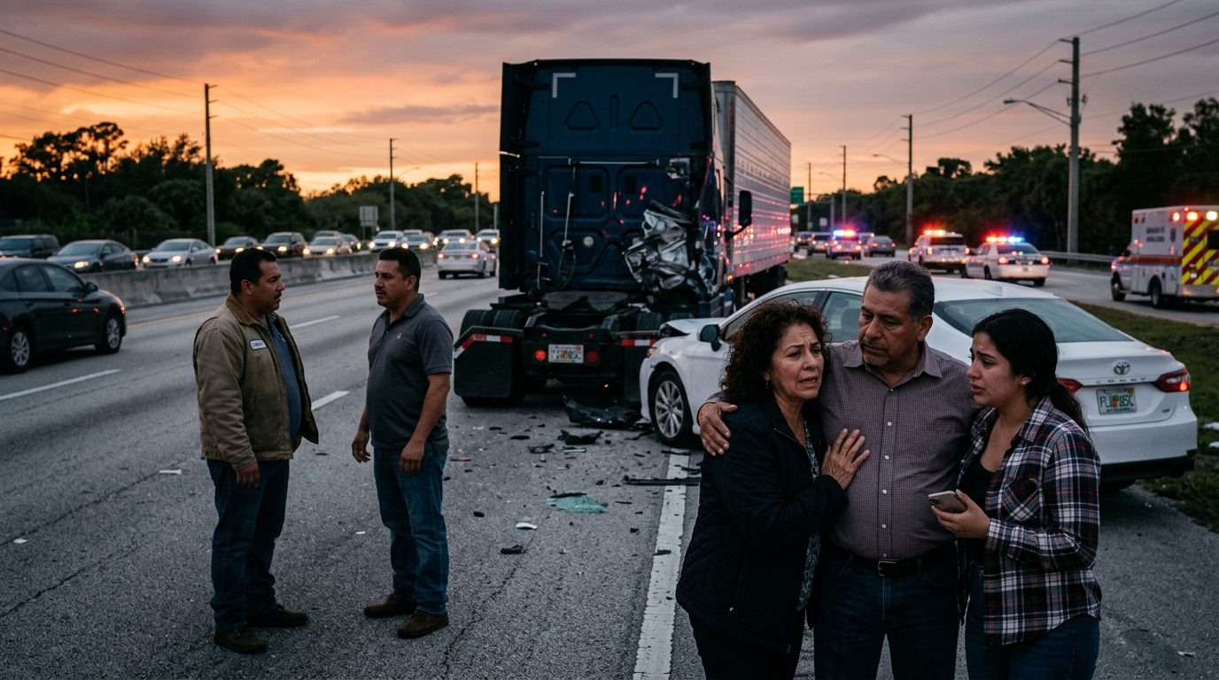 Camión comercial colisionado en carretera al atardecer con personas cerca del lugar.