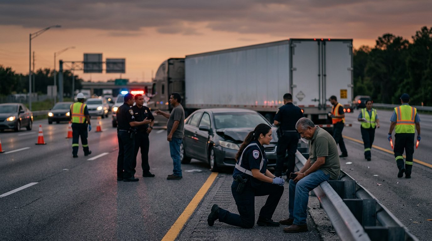 Camión comercial colisionado en carretera al atardecer con personas cerca del lugar.