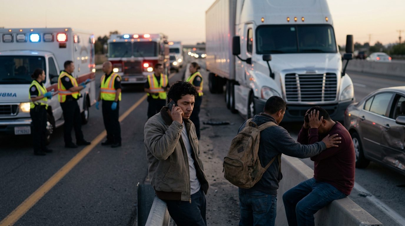 Camión comercial colisionado en carretera al atardecer con personas cerca del lugar del accidente.