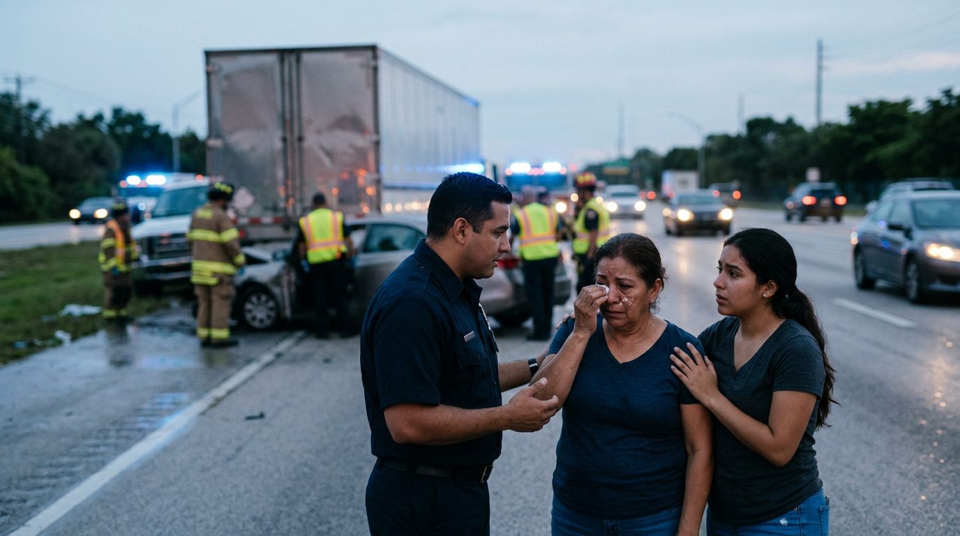 Camión comercial colisionado en carretera al atardecer con personas cerca del lugar.
