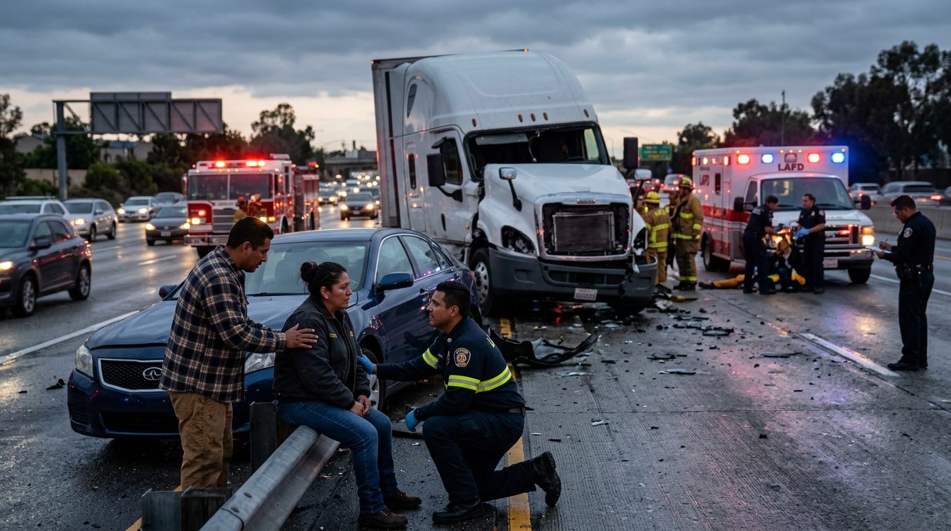Camión comercial colisionado en carretera al atardecer con personas cerca del lugar.