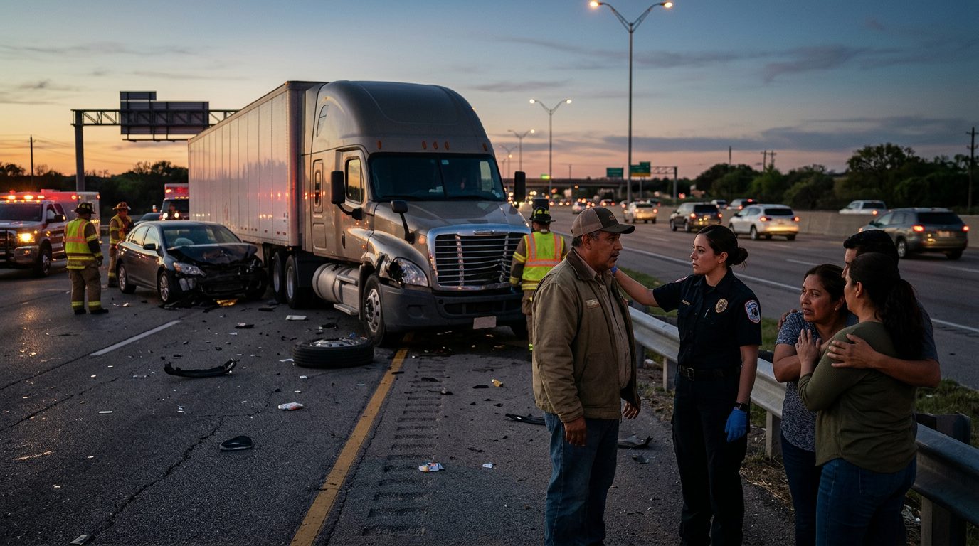 Camión comercial colisionado en carretera al atardecer con personas hispanohablantes.
