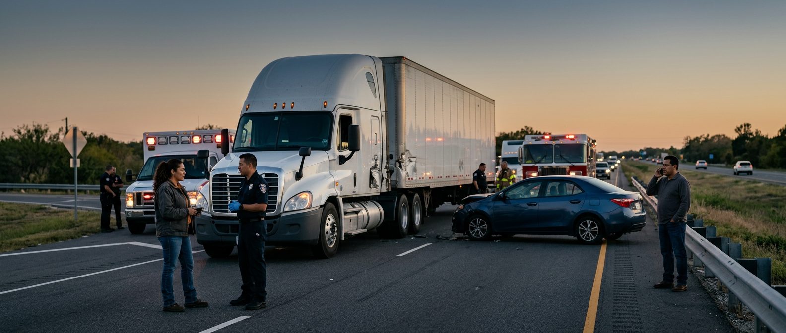 Camión comercial colisionado en carretera al atardecer con personas cerca del lugar del accidente.