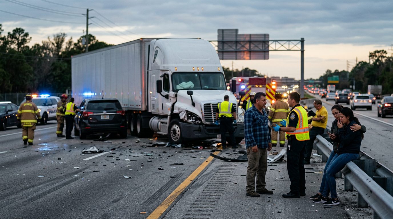 Camión comercial colisionado en carretera al atardecer con personas cerca del lugar del accidente.