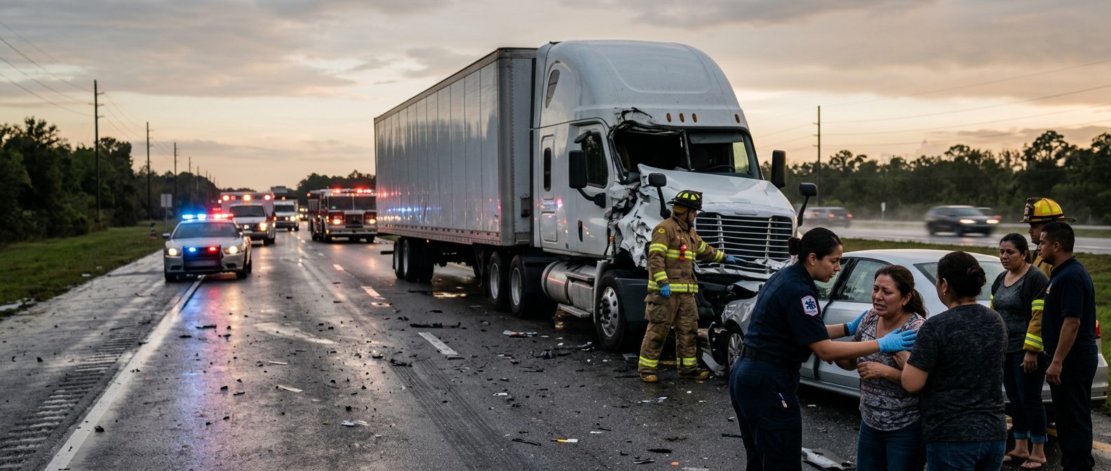 Camión comercial colisionado en carretera al atardecer con personas cerca del lugar del accidente.