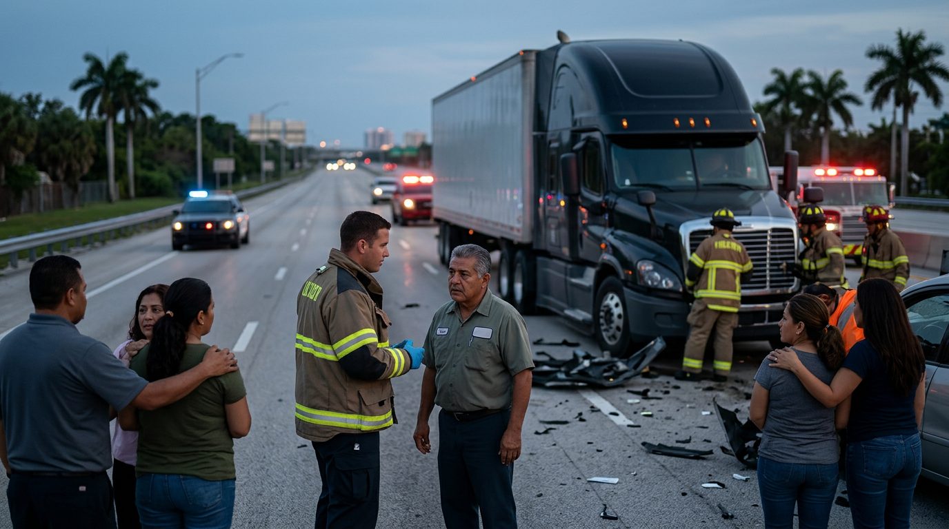 Camión comercial colisionado en carretera al atardecer con personas cerca del lugar.