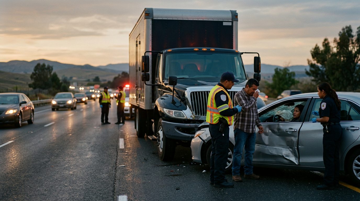 Camión comercial colisionado en carretera al atardecer después de accidente grave.
