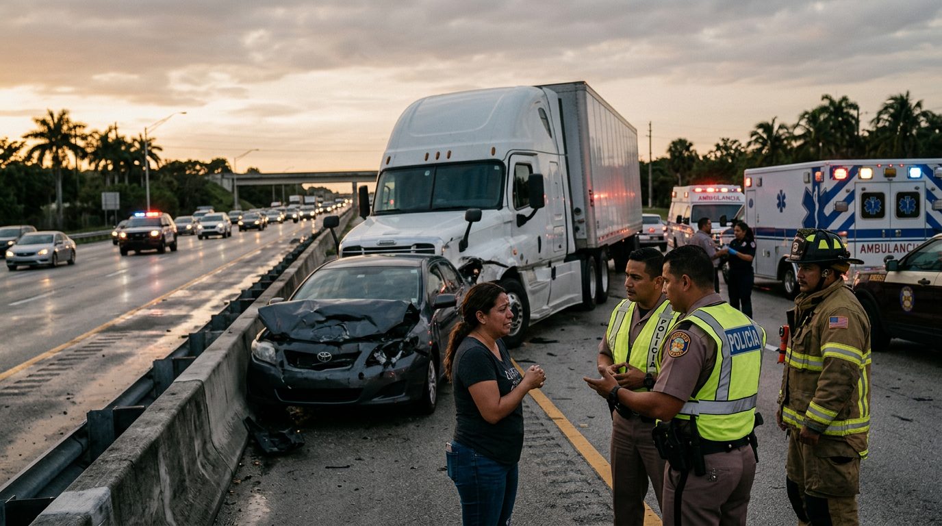 Camión comercial colisionado en carretera de Florida al atardecer.