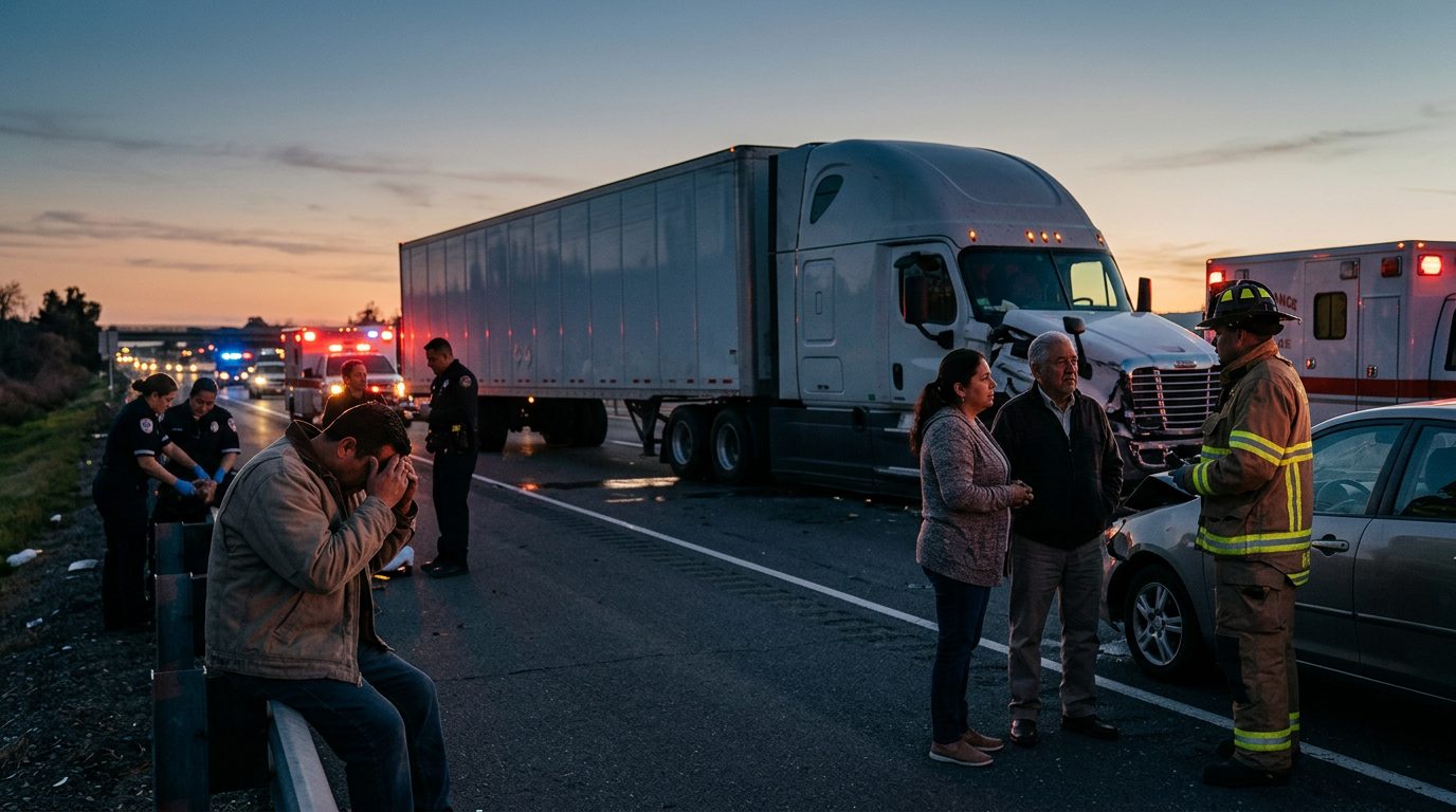 Camión comercial dañado después de colisión en carretera al atardecer.