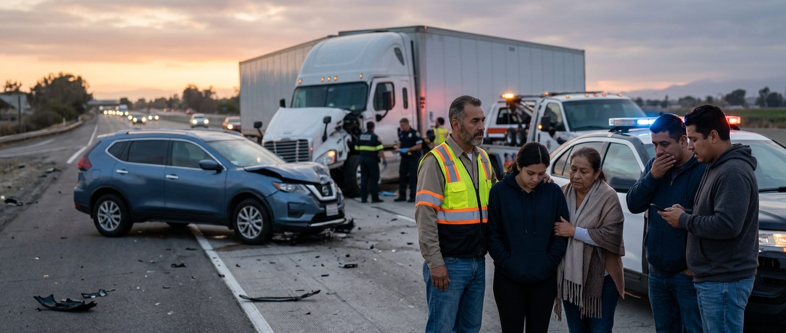 Camión comercial dañado después de colisión en carretera al atardecer.