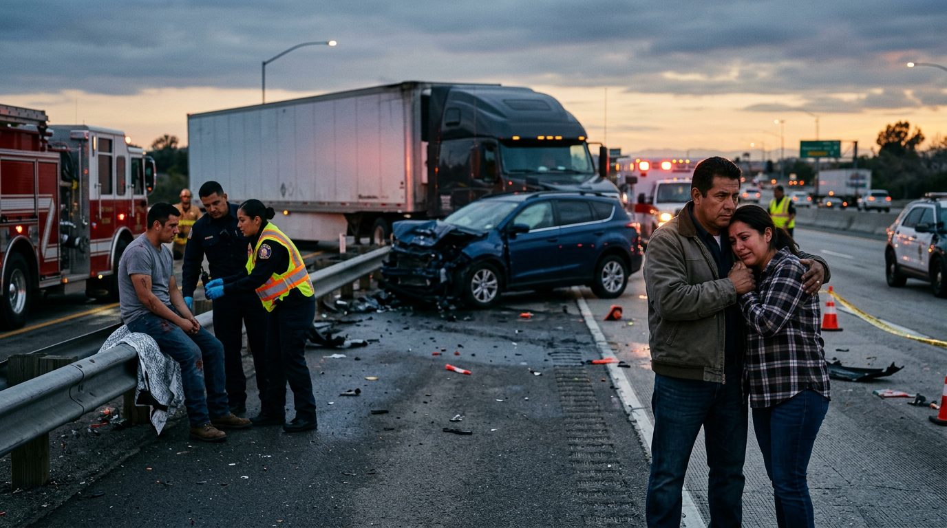 Camión comercial dañado después de colisión en carretera al atardecer.