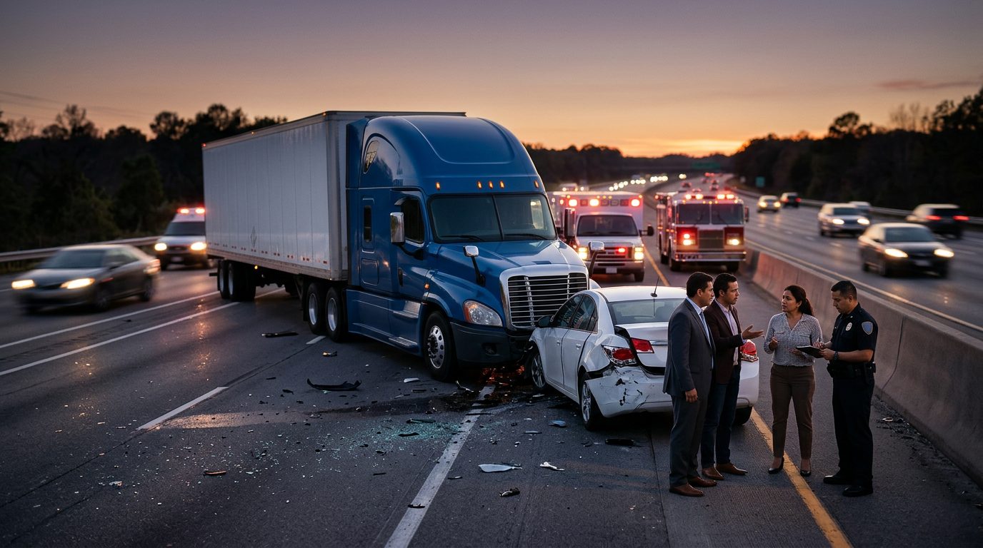 Camión comercial dañado después de colisión en carretera al atardecer.