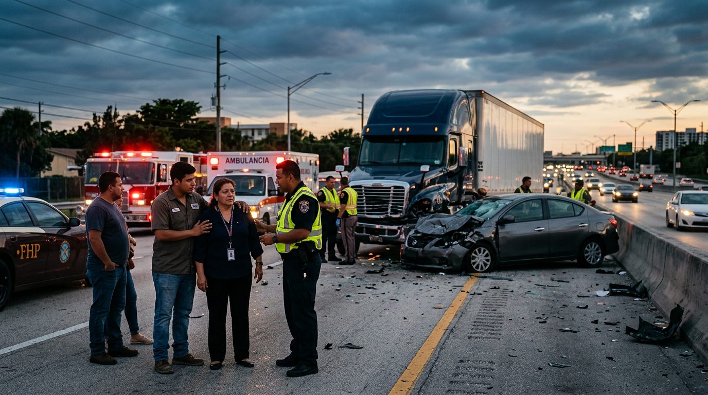 Camión comercial dañado tras colisión en autopista al atardecer en Florida.