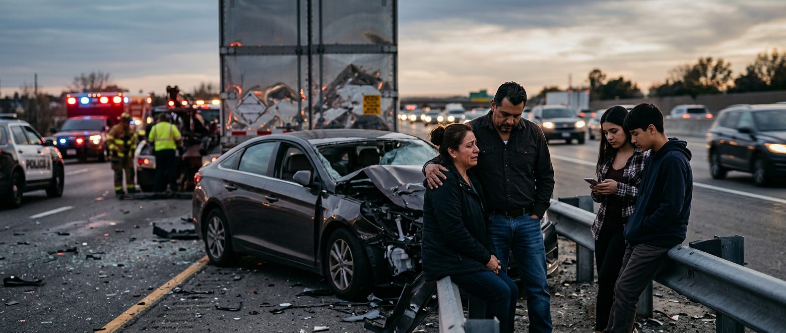 Camión comercial dañado tras colisión en autopista al atardecer.