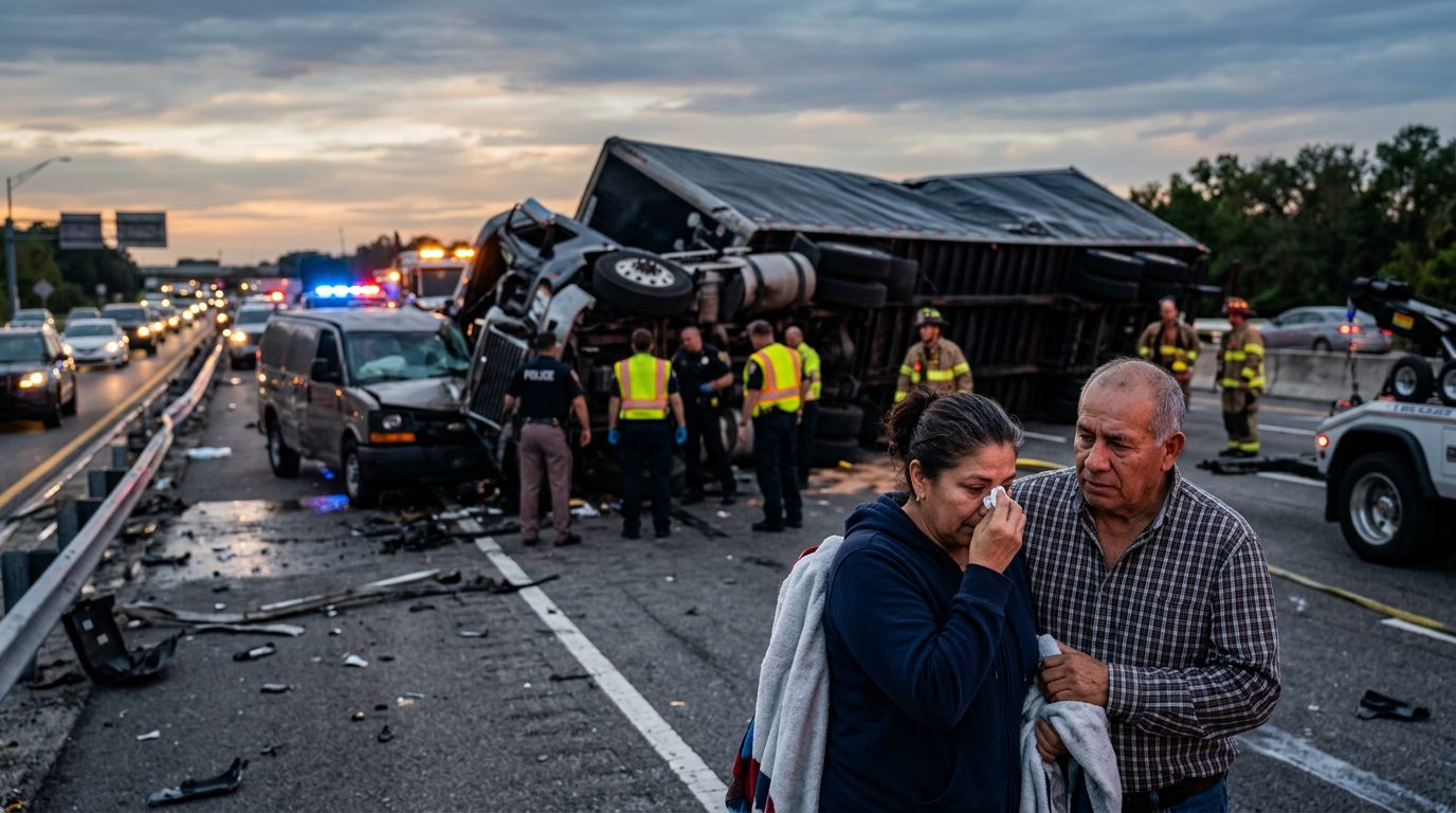 Camión comercial dañado tras colisión en carretera al atardecer.