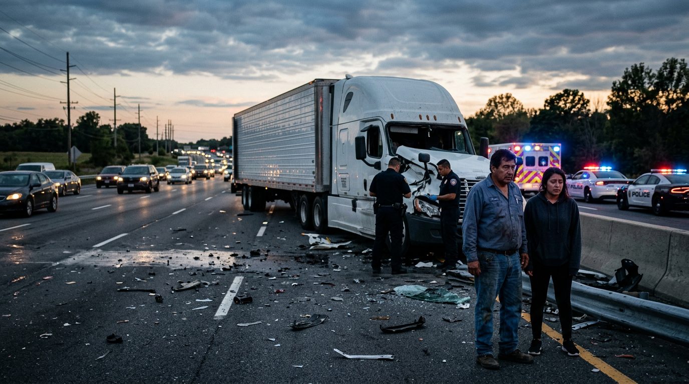 Camión comercial dañado tras colisión en carretera al atardecer.