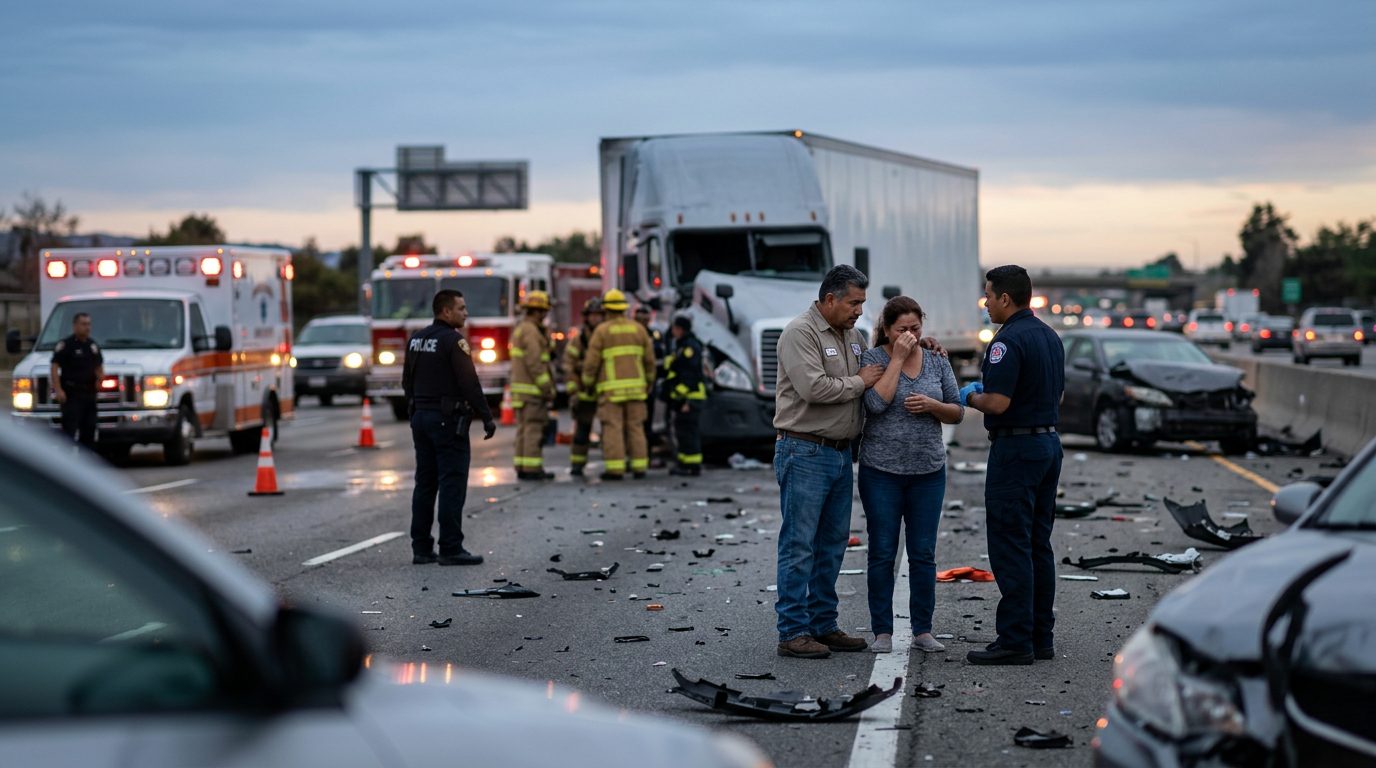 Camión comercial dañado tras colisión en carretera al atardecer.