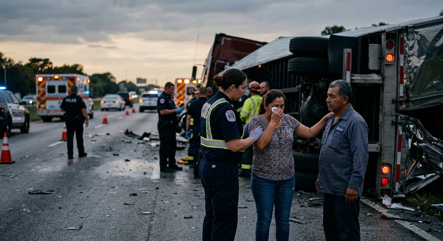 Camión comercial dañado tras colisión en carretera al atardecer.