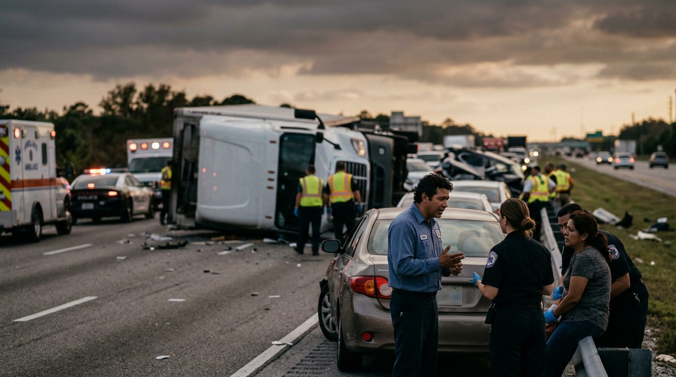 Camión comercial dañado tras colisión en carretera al atardecer.