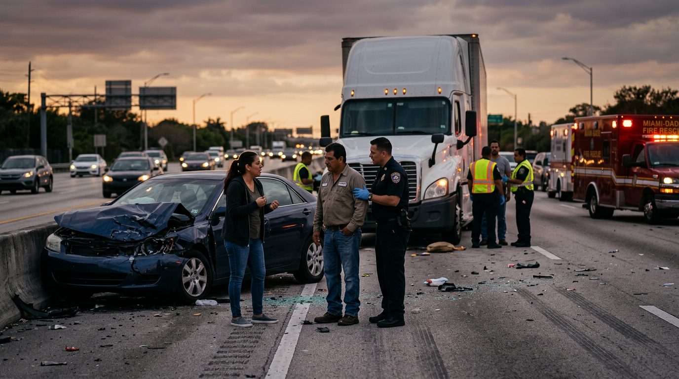 Camión comercial dañado tras colisión en carretera al atardecer en Sweetwater.