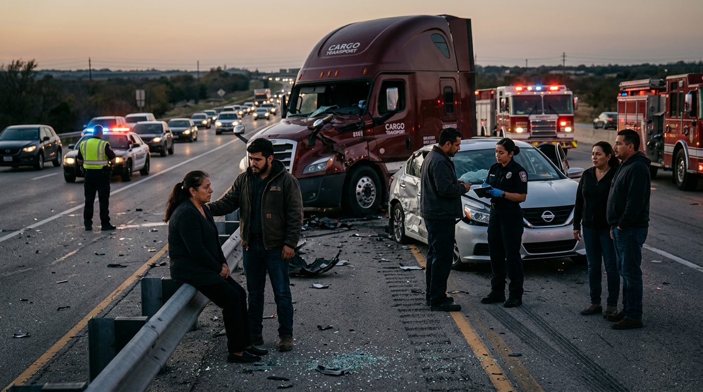 Camión comercial dañado tras colisión en carretera al atardecer.