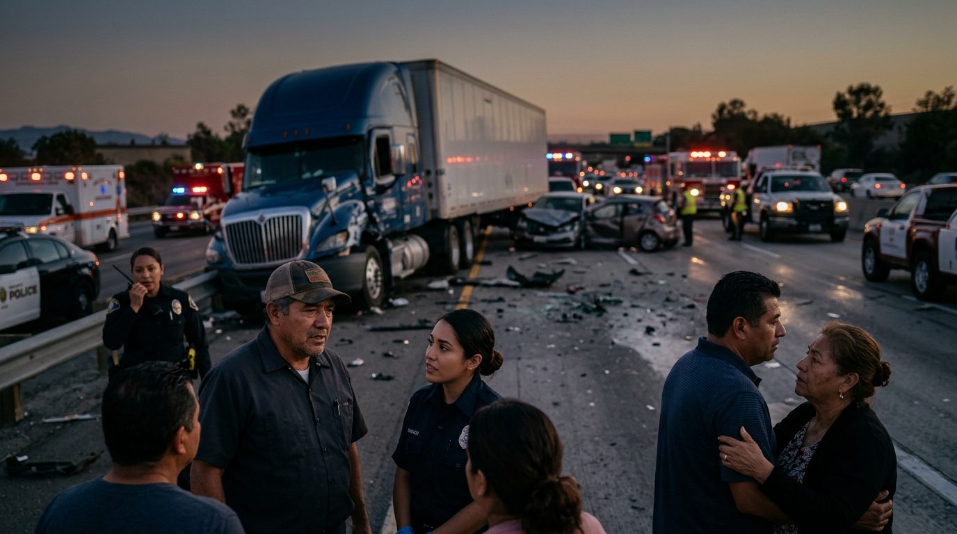 Camión comercial dañado tras colisión en carretera al atardecer.
