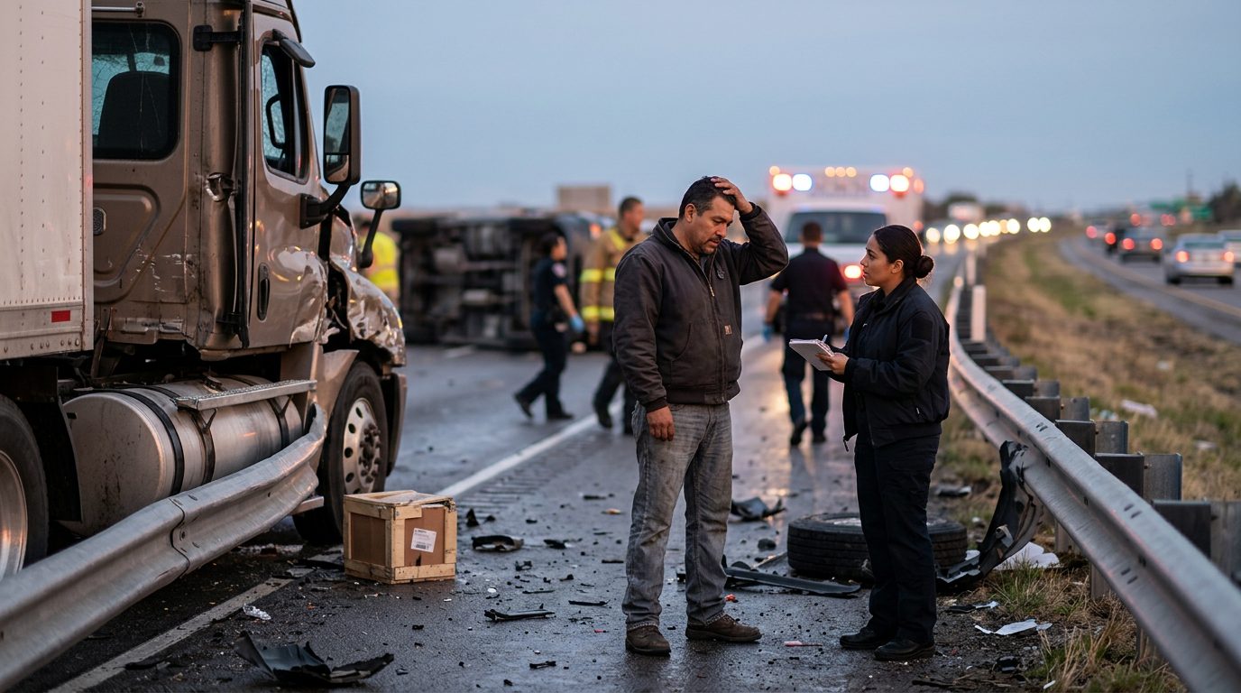 Camión comercial dañado tras colisión en carretera al atardecer.