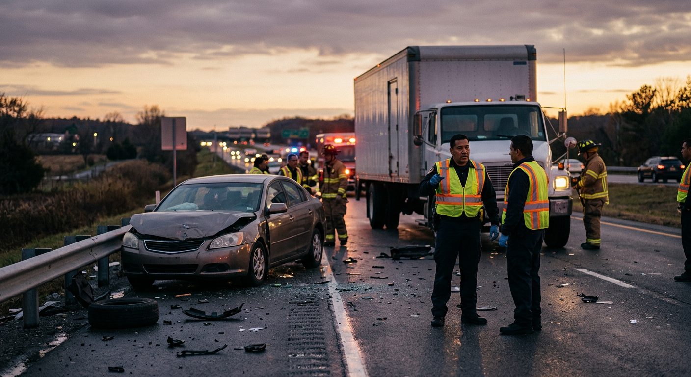 Camión comercial dañado tras colisión en carretera al atardecer.