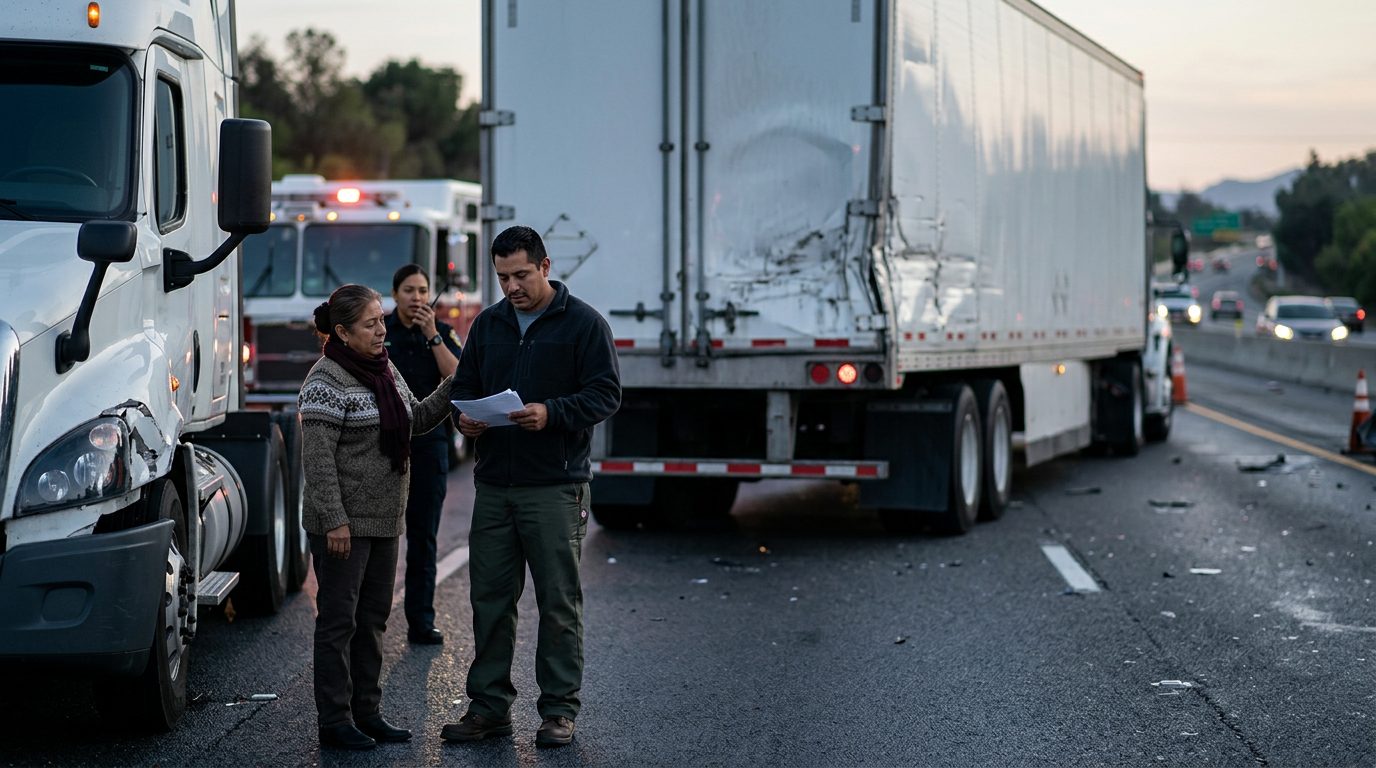 Camión comercial dañado tras colisión en carretera al atardecer.
