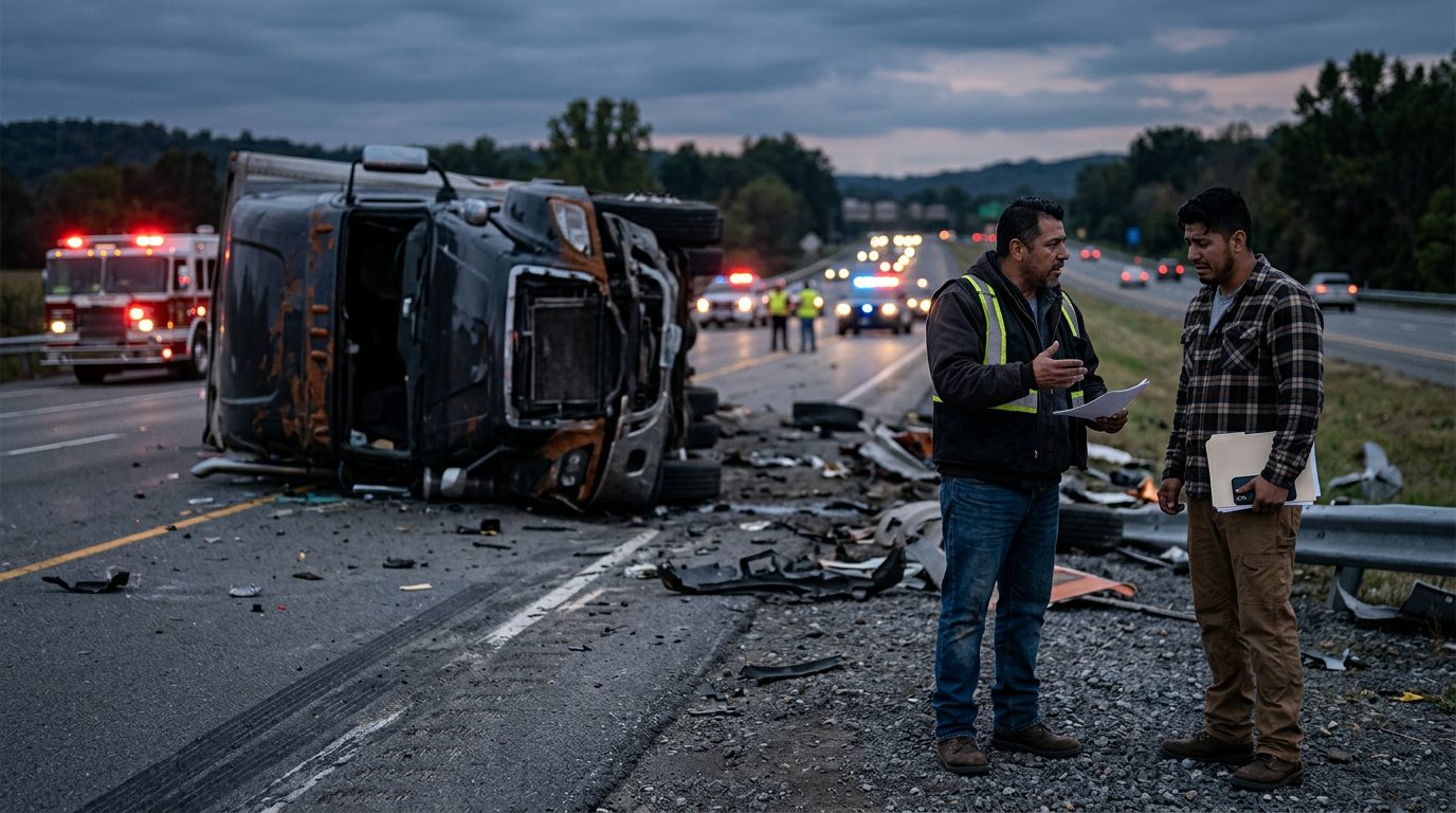 Camión comercial dañado tras colisión en carretera al atardecer.
