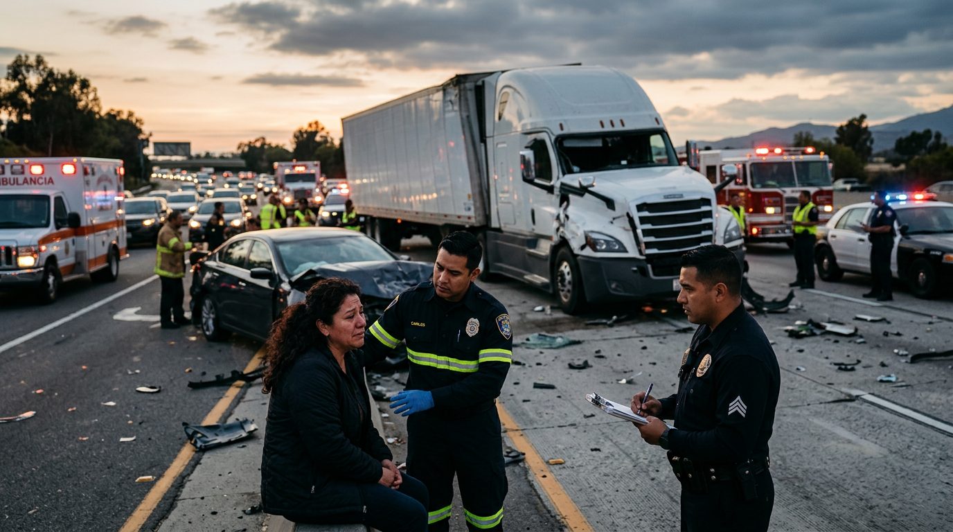 Camión comercial dañado tras colisión en carretera al atardecer.