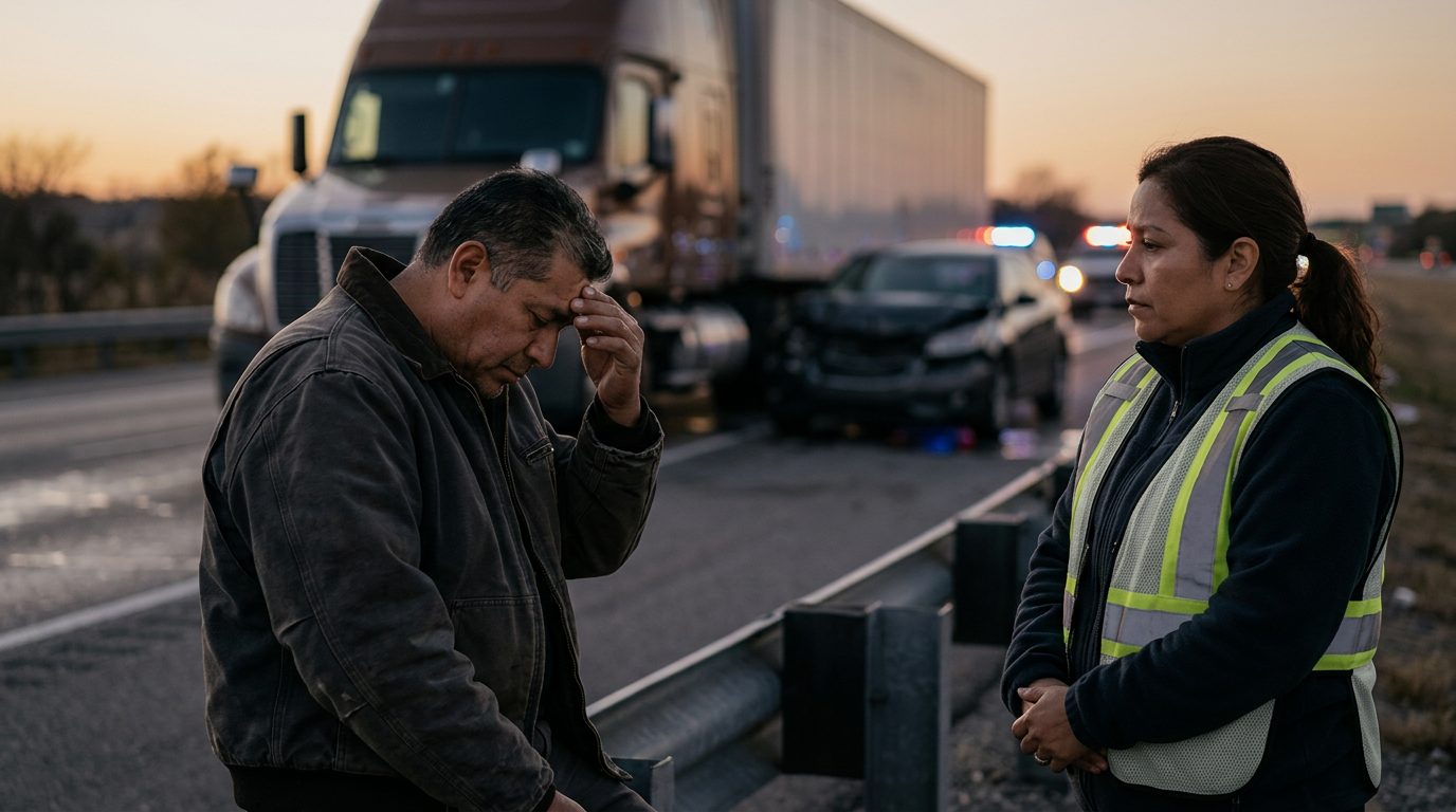 Camión comercial dañado tras colisión en carretera al atardecer con personas hispanohablantes.