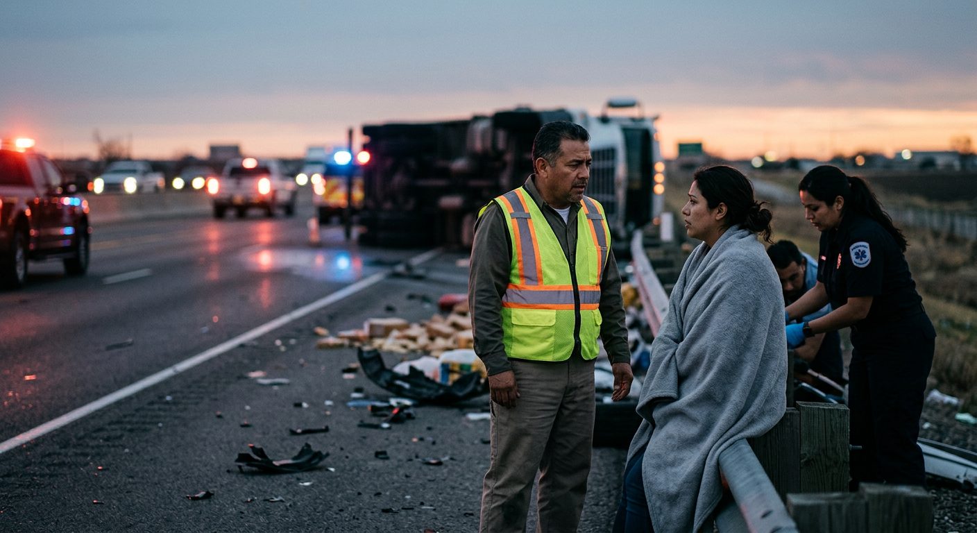Camión comercial dañado tras colisión en carretera al atardecer.