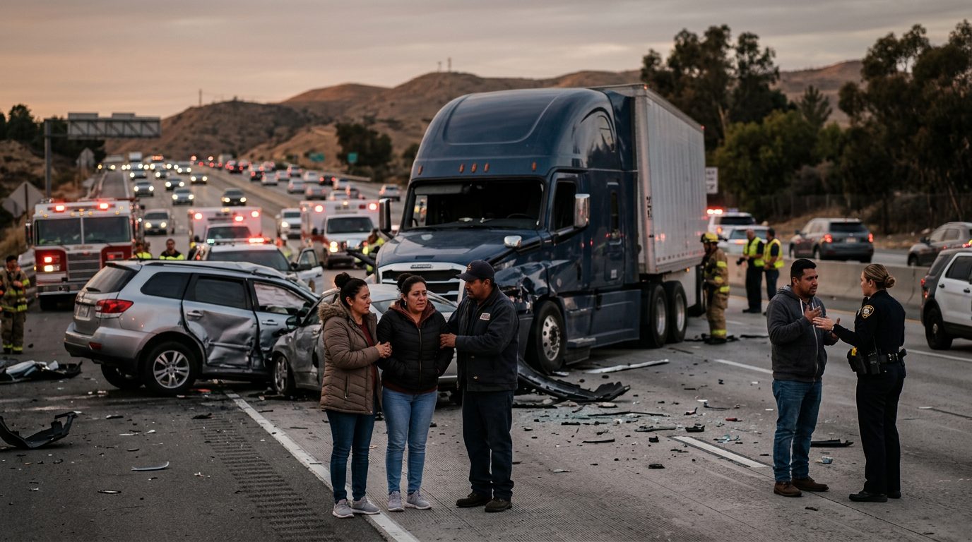 Camión comercial dañado tras colisión en carretera al atardecer.