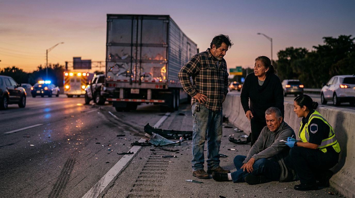 Camión comercial dañado tras colisión en carretera al atardecer.