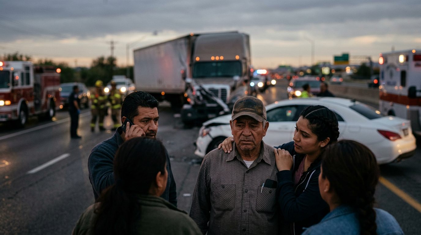 Camión comercial dañado tras colisión en carretera al atardecer.
