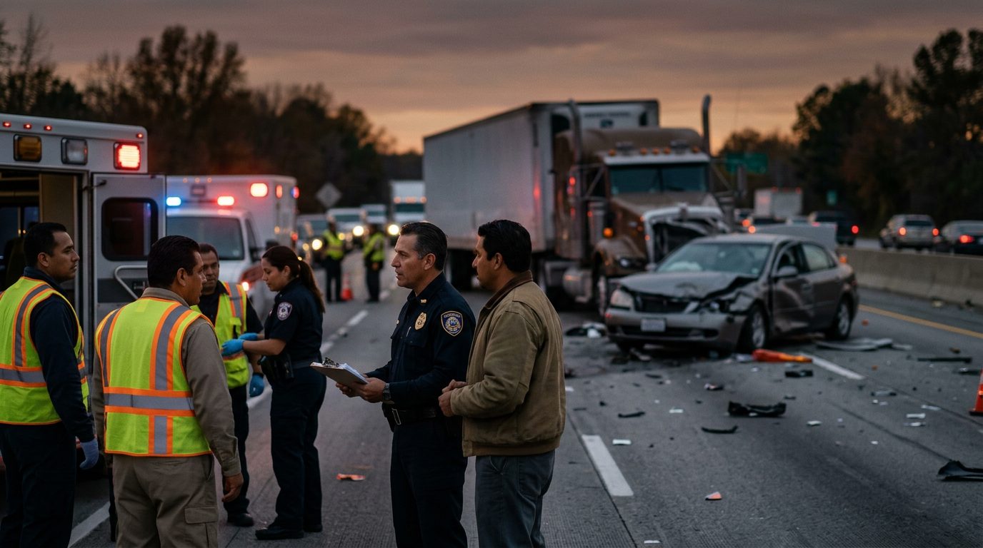 Camión comercial dañado tras colisión en carretera al atardecer.