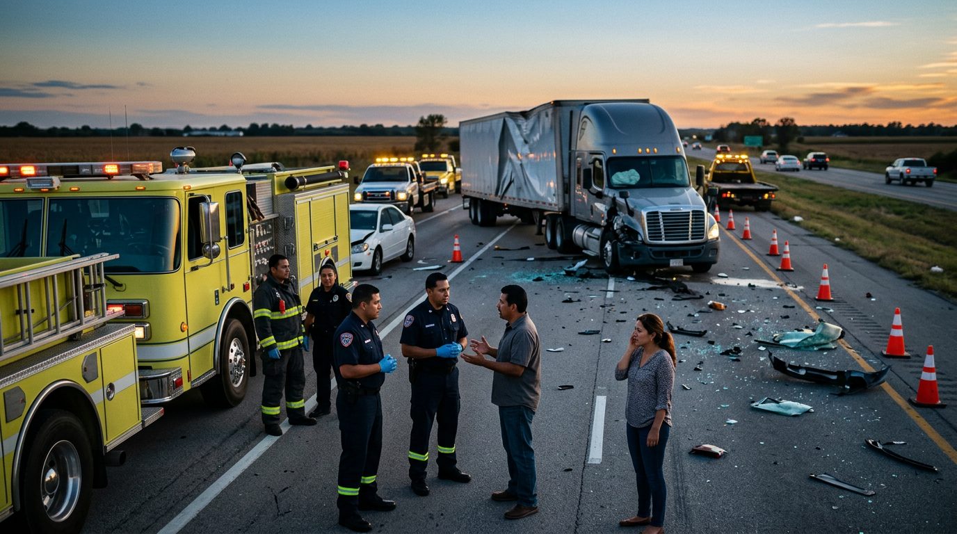 Camión comercial dañado tras colisión en carretera al atardecer.