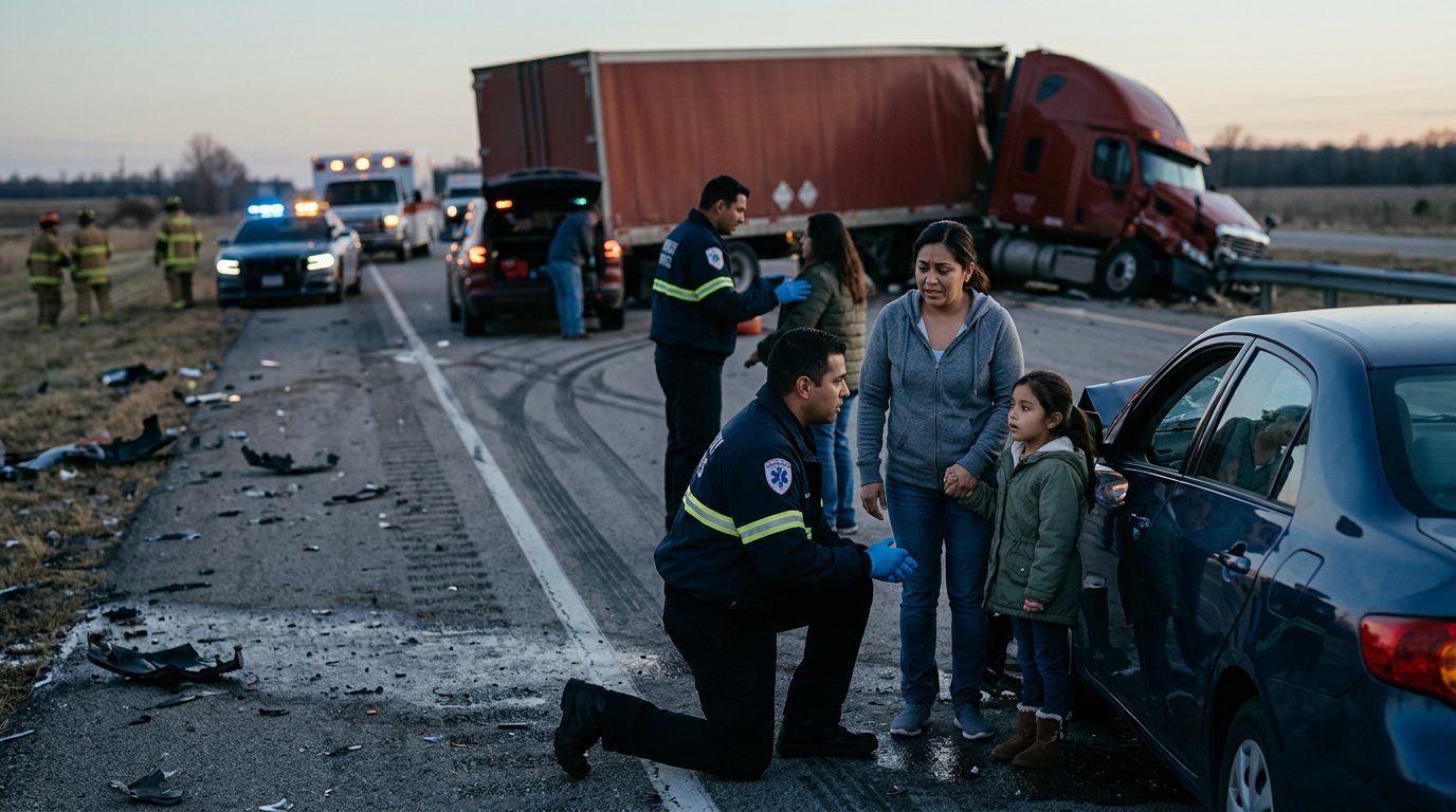 Camión comercial dañado tras colisión en carretera al atardecer.