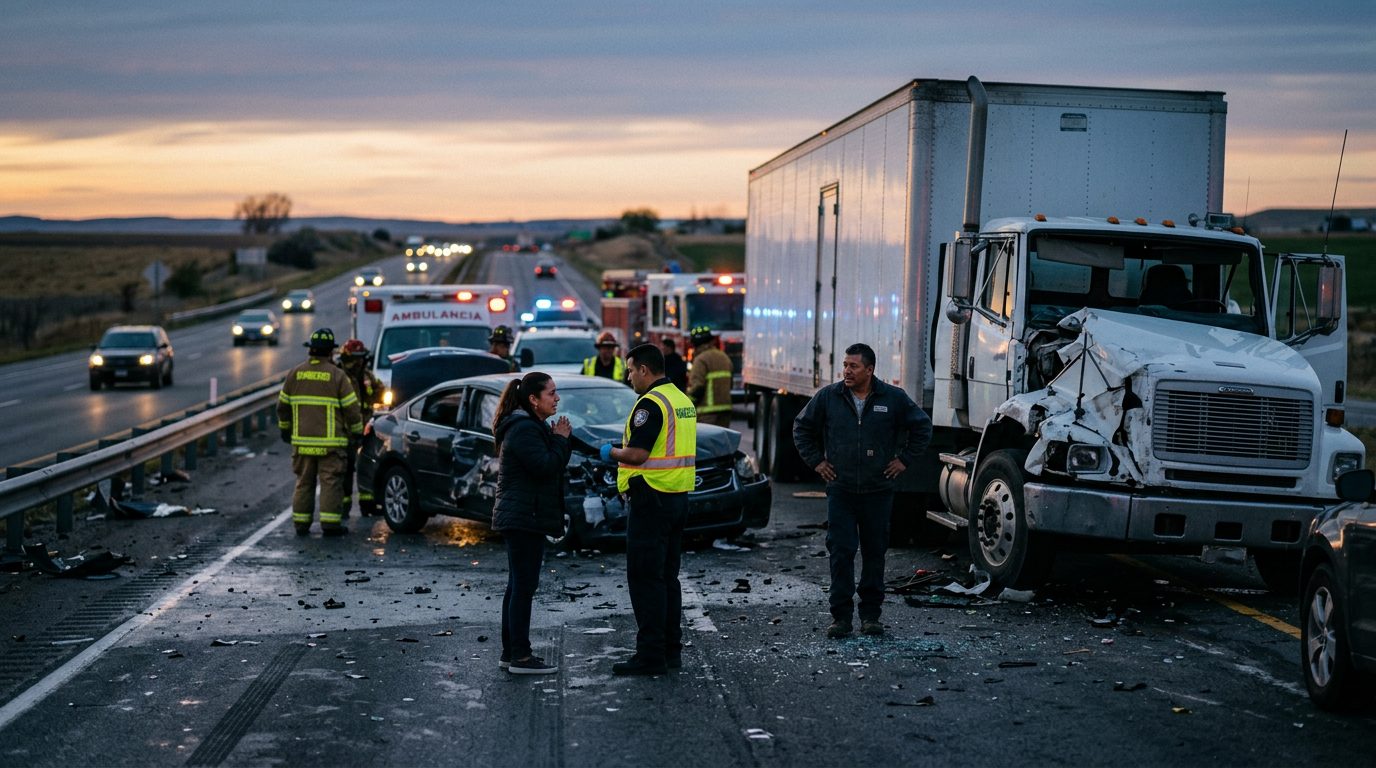 Camión comercial dañado tras colisión en carretera al atardecer.