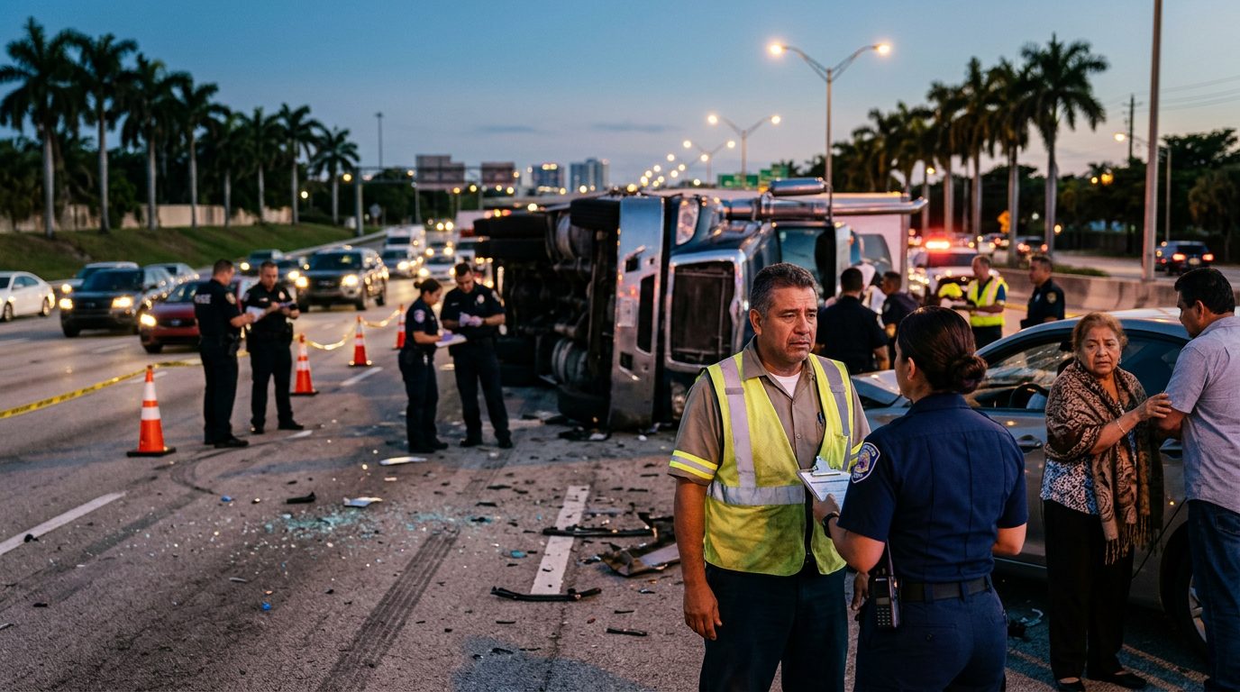 Camión comercial dañado tras colisión en carretera al atardecer.