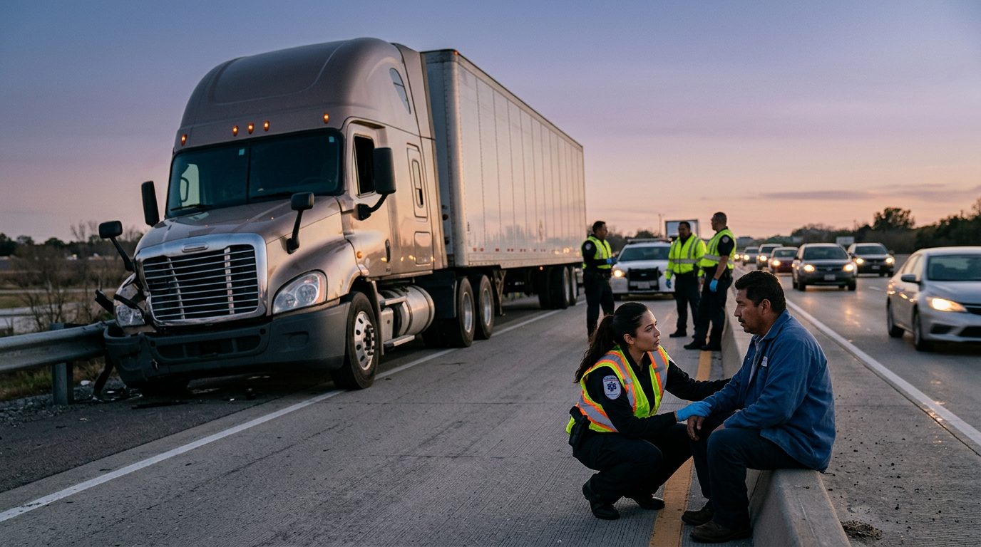 Camión comercial dañado tras colisión en carretera al atardecer.