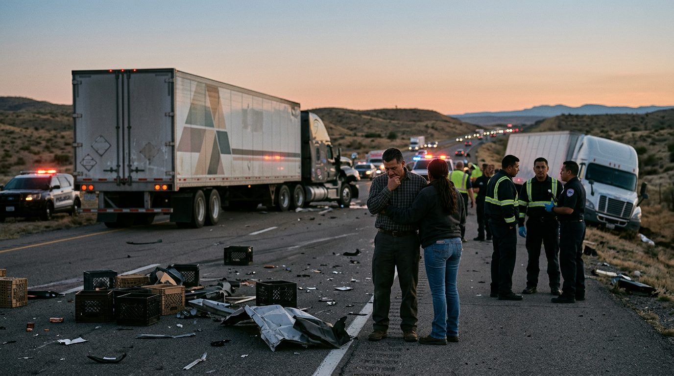 Camión comercial dañado tras colisión en carretera al atardecer.