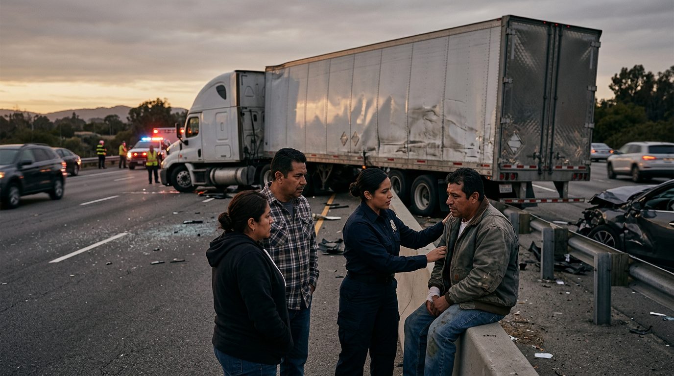 Camión comercial dañado tras colisión en carretera al atardecer con personas evaluando daños.