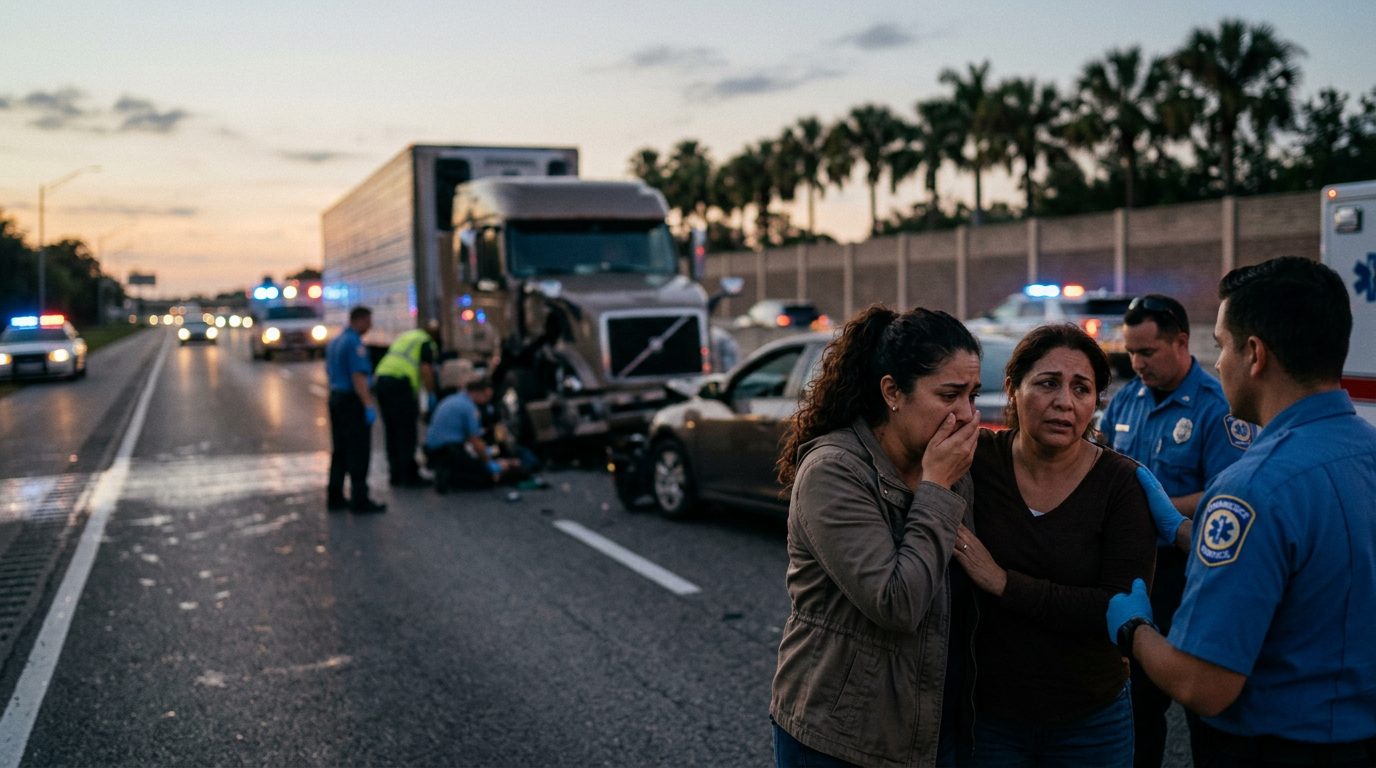 Camión comercial dañado tras colisión en carretera al atardecer.