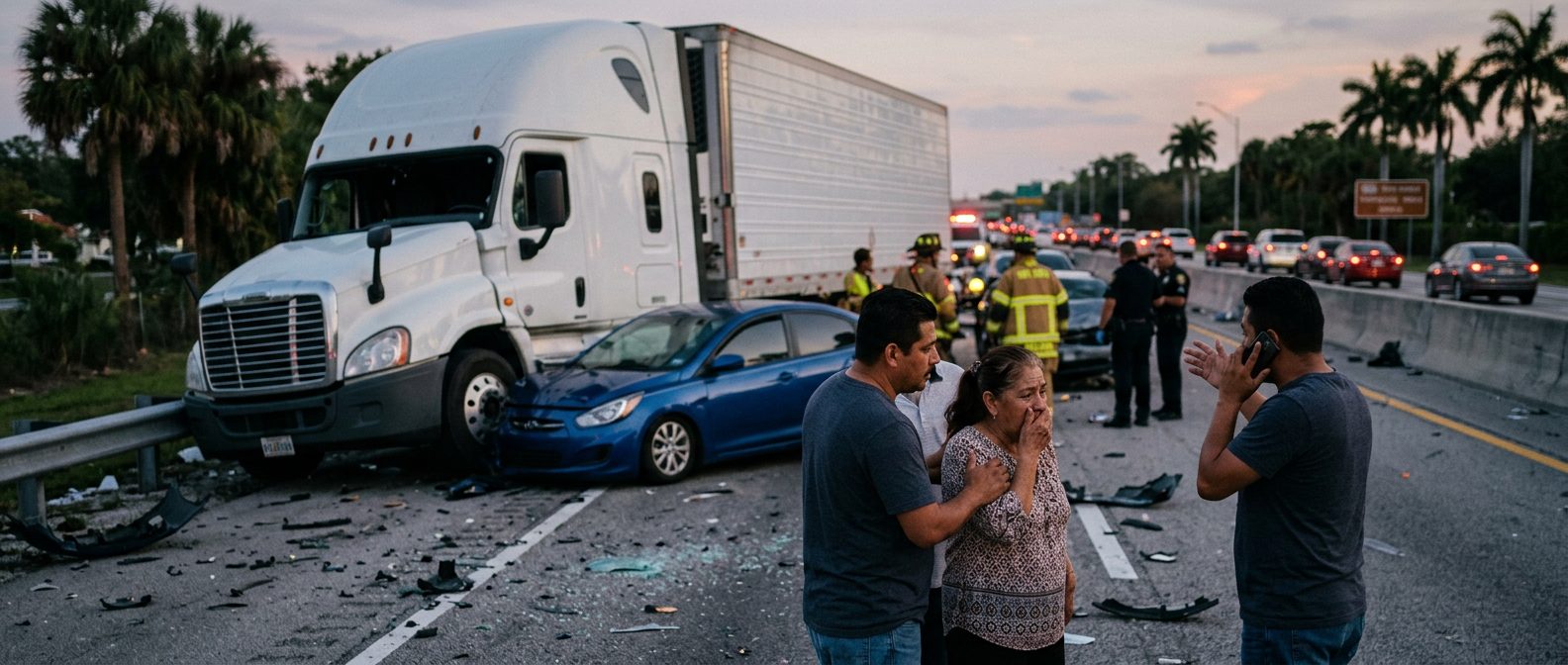 Camión comercial dañado tras colisión en carretera al atardecer con personas cerca.